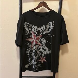 Black Graphic Tee with Red Star Design